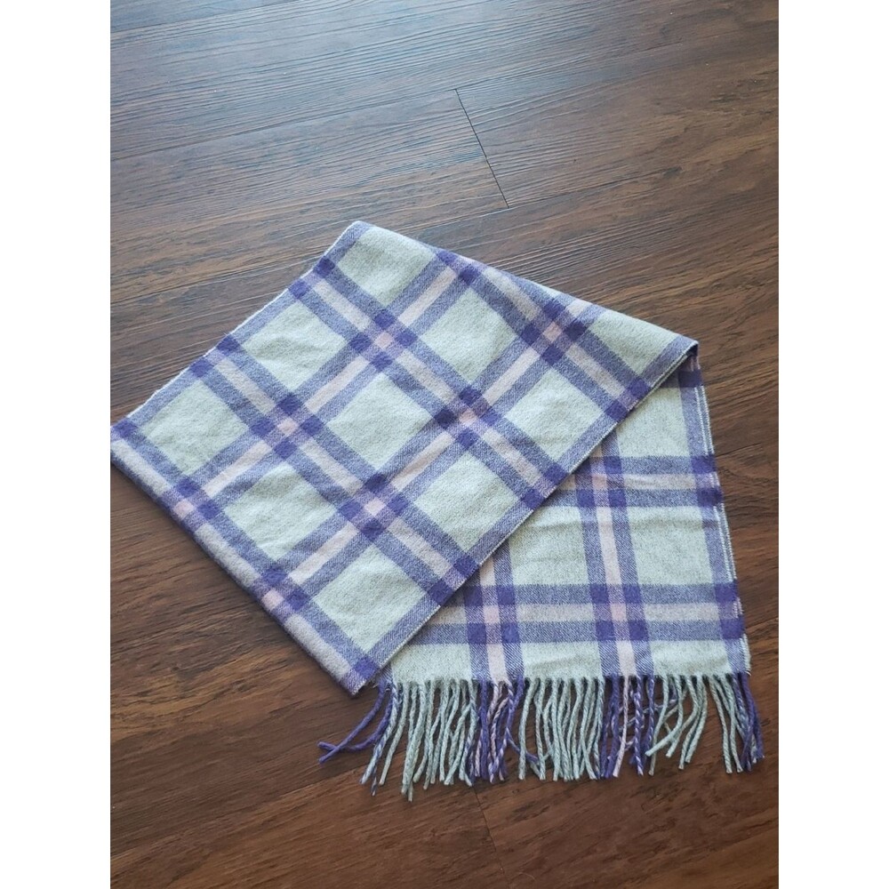 Amicale Cashmere Lavender and Cream Plaid Scarf 100% Cashmere Quiet Luxury 60x12